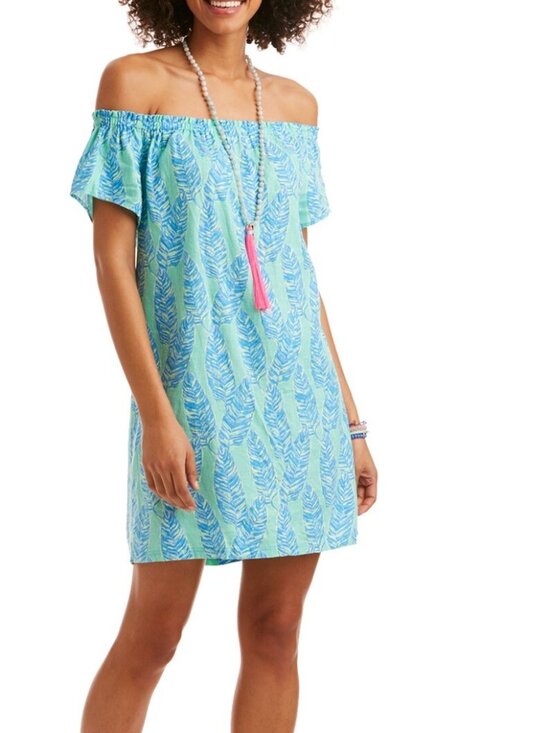 Vineyard Vines Dresses & Skirts - Vineyard Vines Linen Blend Off Shoulder Mini Dress Sz L Beach Hawaii Palm Print
